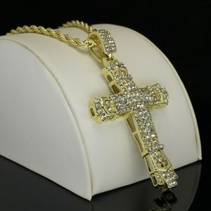 Large Cross CZ Pendant 14K Gold Plated 24" Rope Hip Hop Necklace